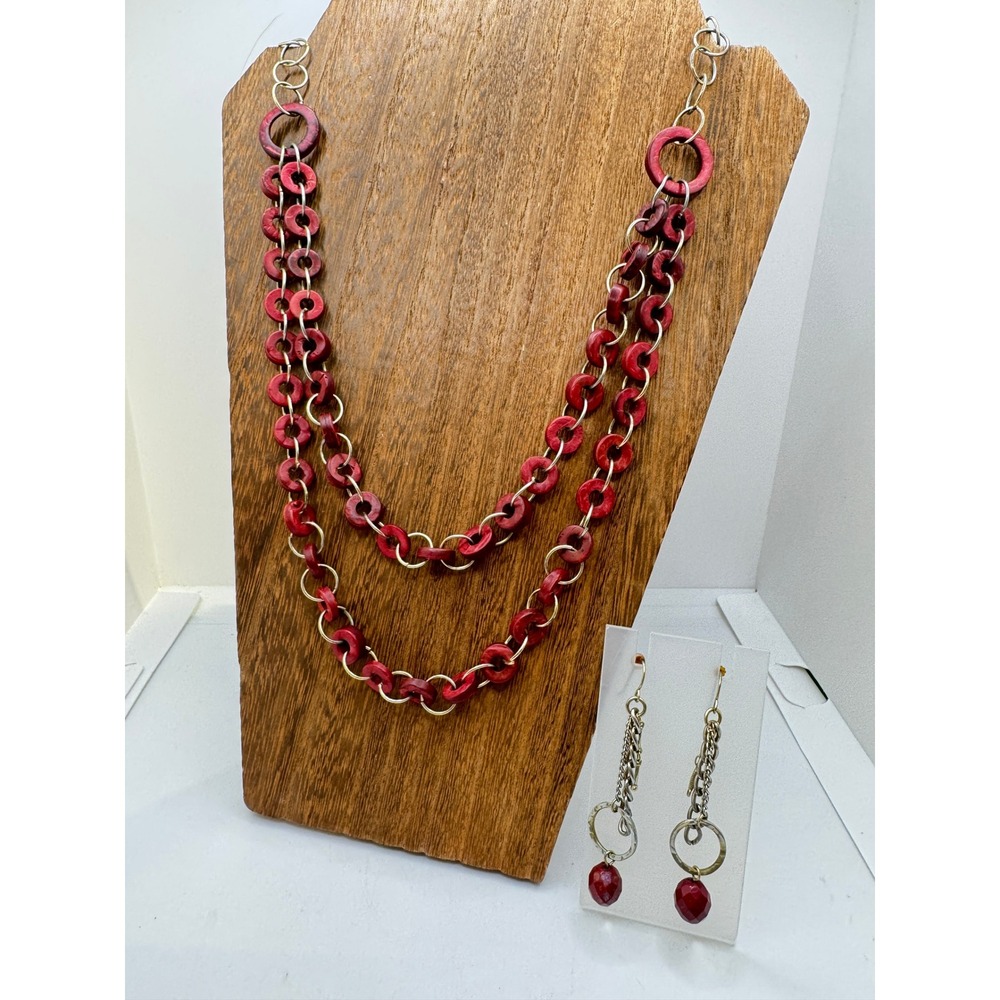 Red Wood Ring Double Layer Necklace and Dangle Earring Set Silver Tone Boho